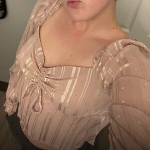 square-neck, tie-front, sheer long-sleeve blouse